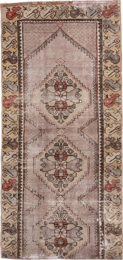 2' x 6' one-of-a-kind handmade vintage Oushak runner rug. Color palette: brown, gray, light gray, pink