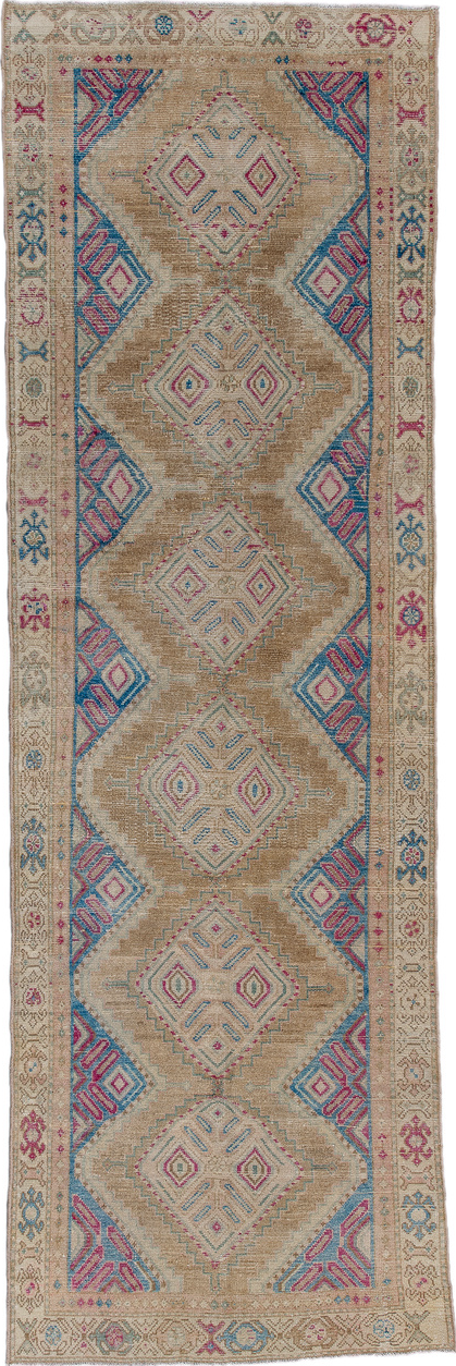 3' x 10' one-of-a-kind handmade vintage Malayer runner rug. Color palette: blue, brown, gray, light gray, off-white, pink