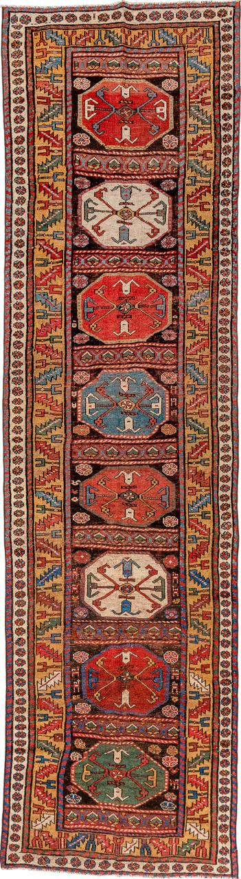 3' x 12' one-of-a-kind handmade vintage Kurd runner rug. Color palette: black, blue, brown, gray, off-white, orange, red
