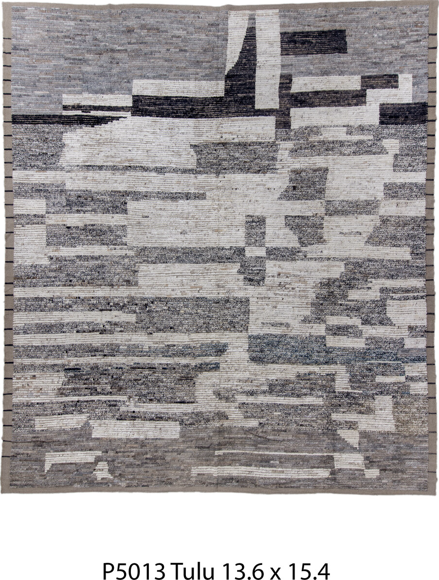 13' x 15' one-of-a-kind handmade vintage Tulu oversize rug. Color palette: black, brown, charcoal, gray, pink, red