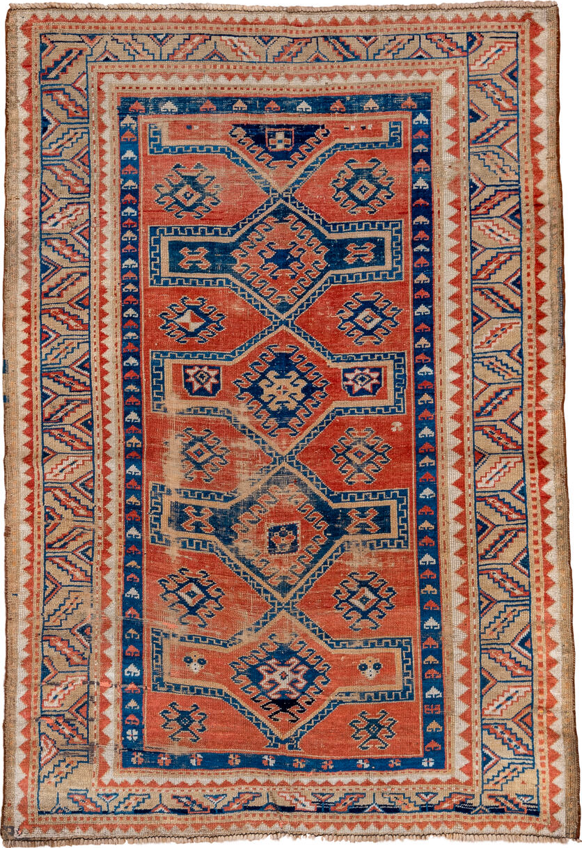 4' x 6' one-of-a-kind handmade vintage Shirvan small size rug. Color palette: blue, brown, fiord, gray, light gray