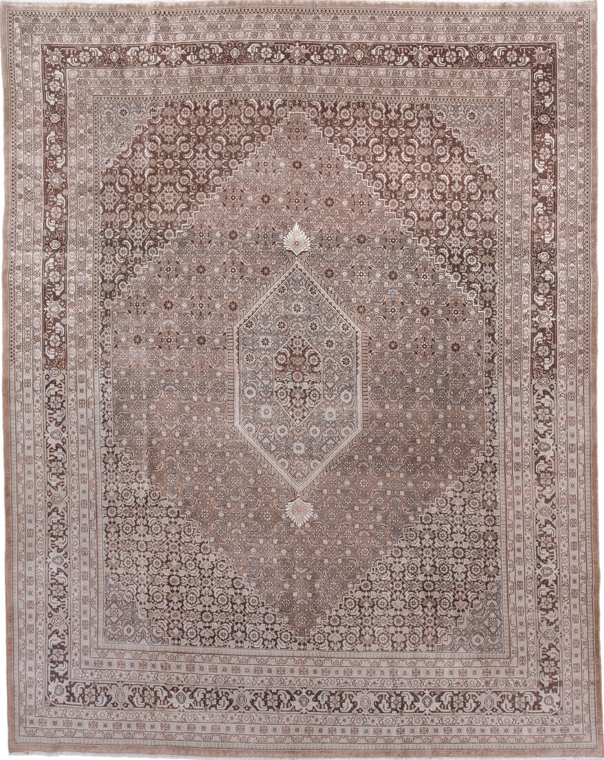 8' x 10' one-of-a-kind handmade vintage Tabriz large size rug. Color palette: brown, gray, light gray, misty rose, off-white