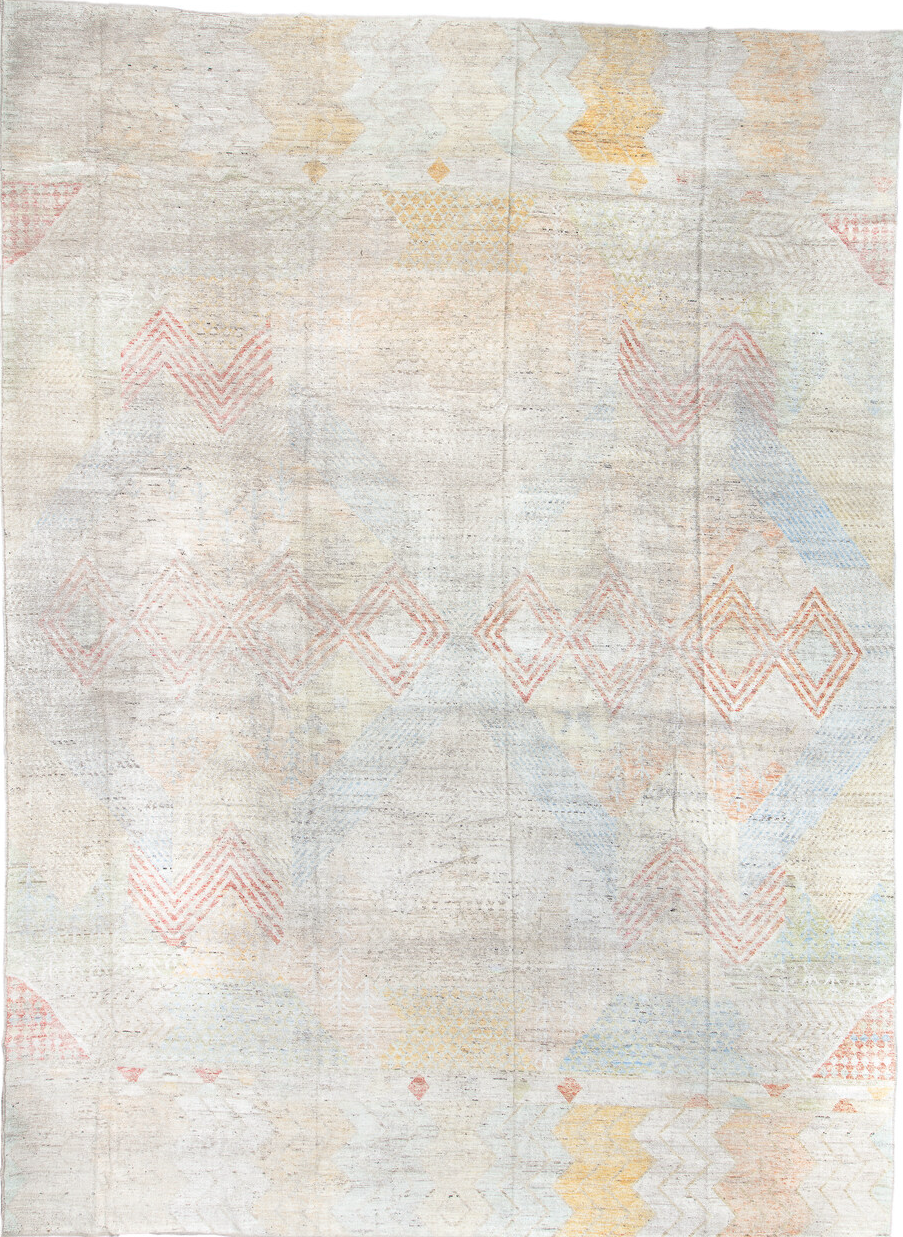 14' x 19' one-of-a-kind handmade vintage Tulu oversize rug. Color palette: dark gray, gainsboro, gray, light gray, off-white