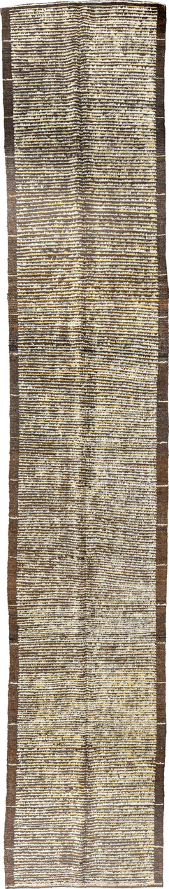 2' x 15' one-of-a-kind handmade vintage Tulu runner rug. Color palette: black, brown, gray, light gray, off-white, yellow