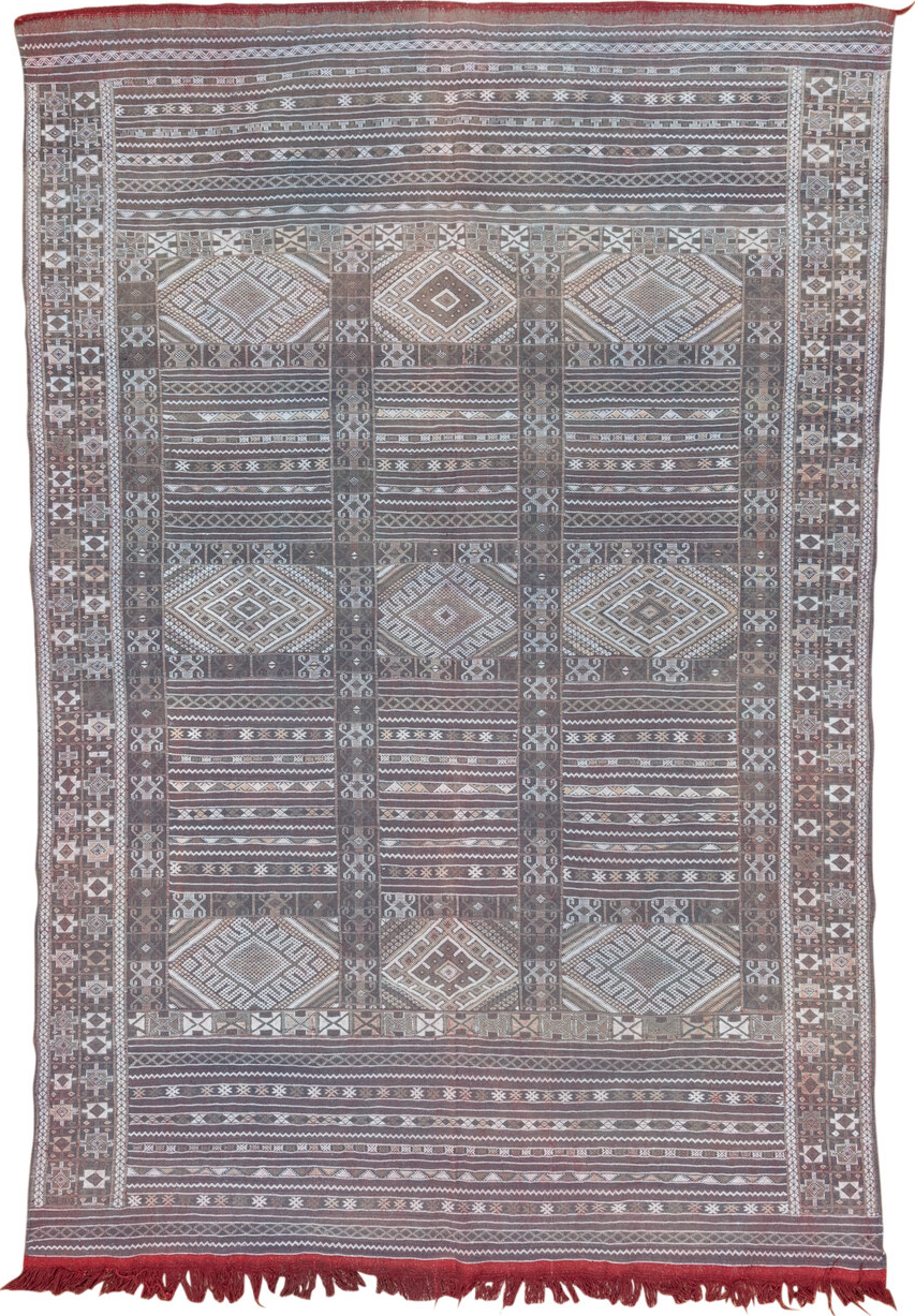 6' x 9' one-of-a-kind handmade vintage Jijim medium size rug. Color palette: blue, brown, dark gray, dim gray, gainsboro