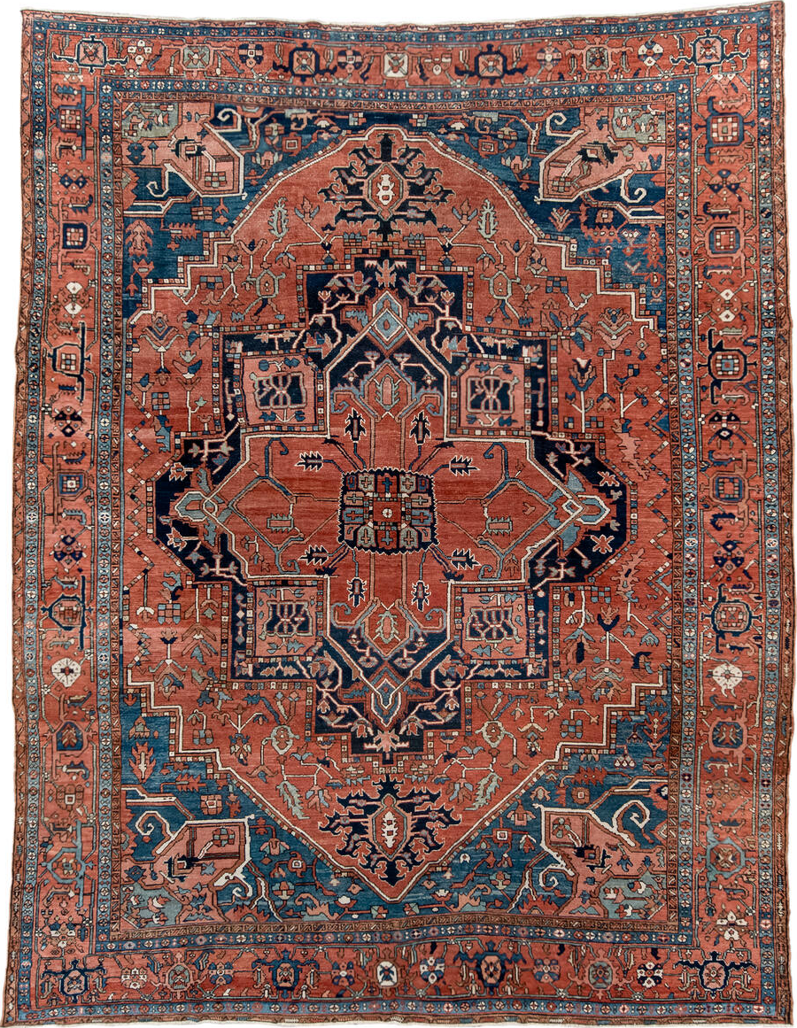 10' x 13' one-of-a-kind handmade vintage Serapi large size rug. Color palette: arapawa, black, blue, brown, dark gray