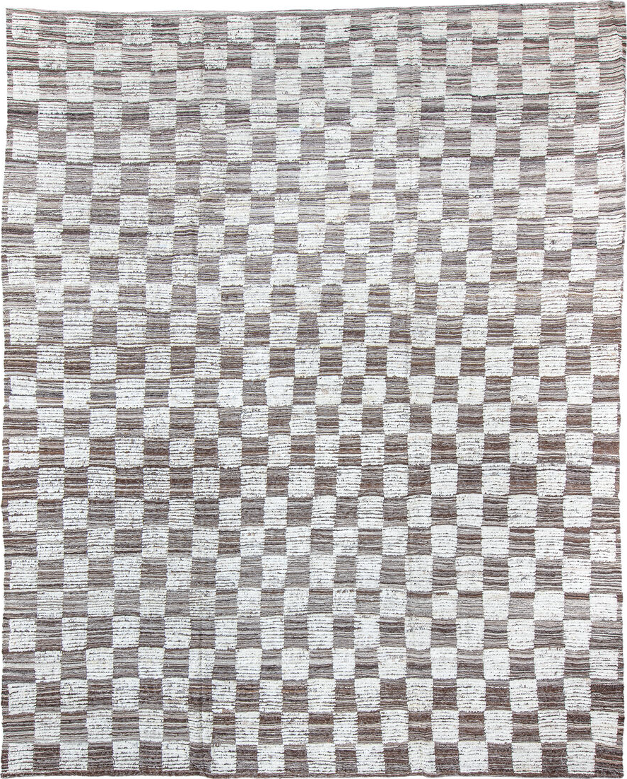 9' x 12' one-of-a-kind handmade vintage Tulu large size rug. Color palette: black, brown, charcoal, dark gray, dim gray