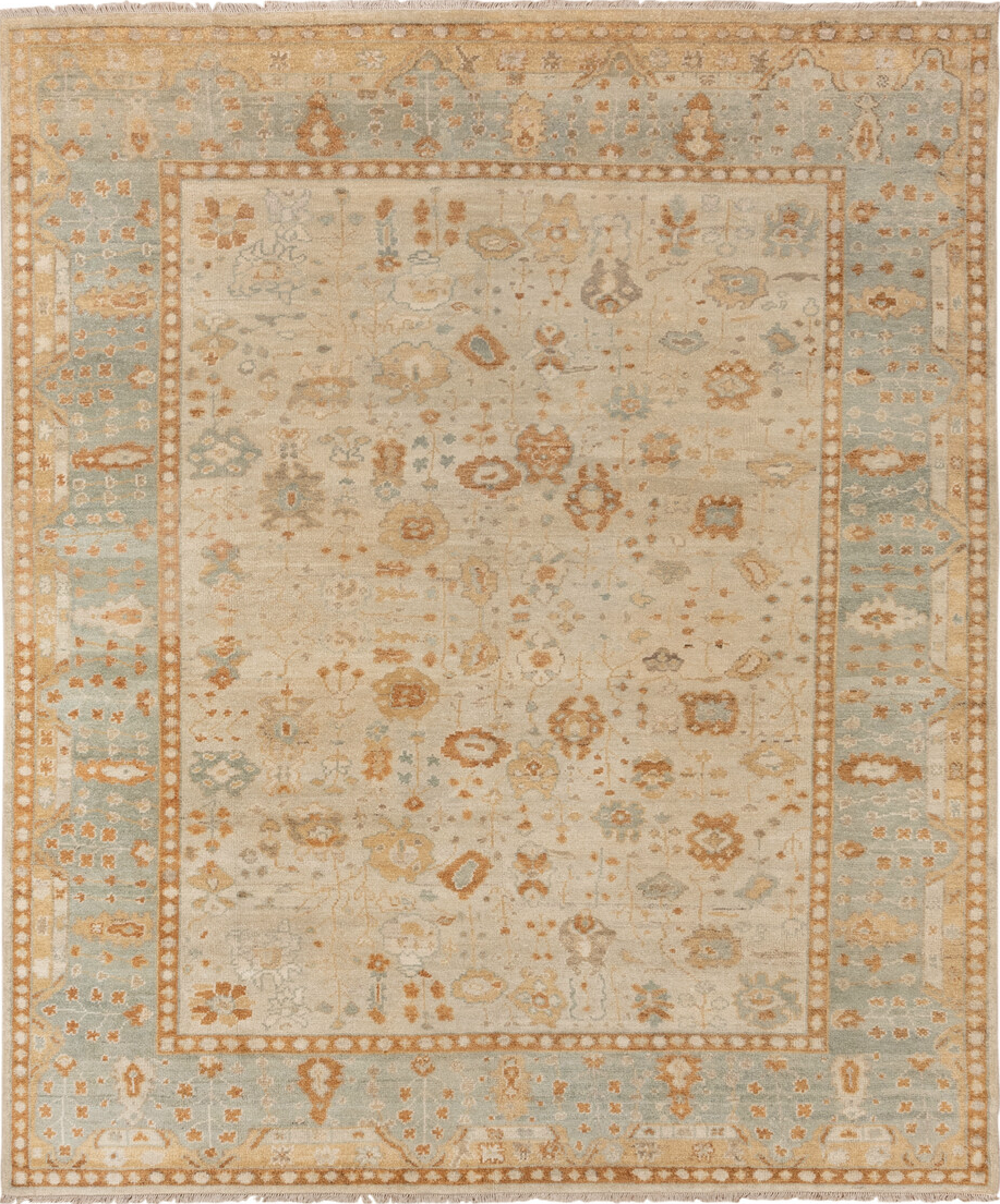 8' x 9' one-of-a-kind handmade vintage Oushak rug. Color palette: brown, burlywood, gray, off-white, orange, tan
