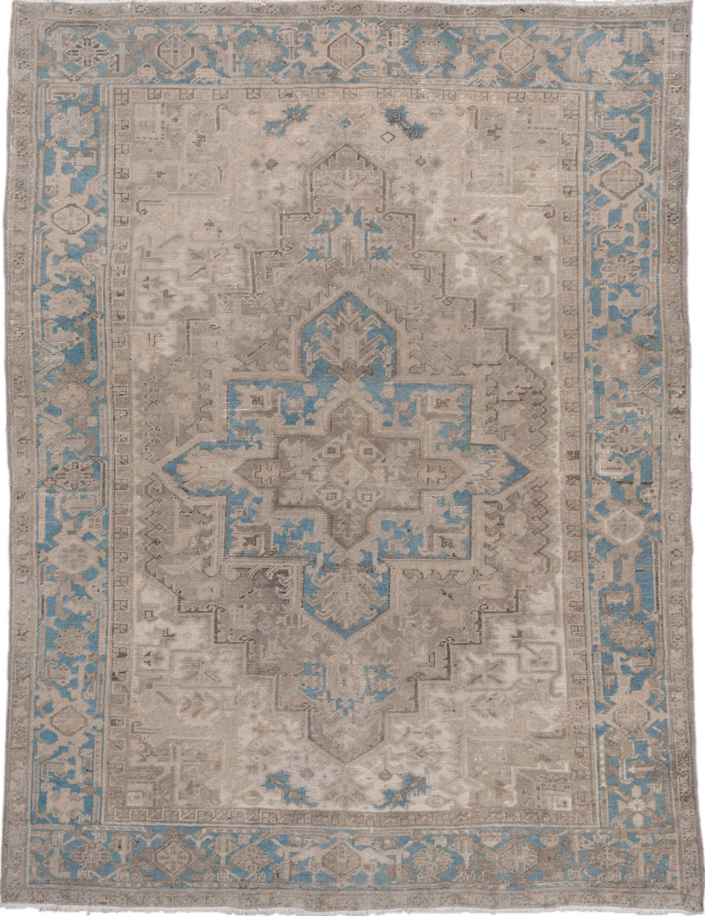 6' x 9' one-of-a-kind handmade vintage Heriz medium size rug. Color palette: dark gray, gray, light gray, light slate gray