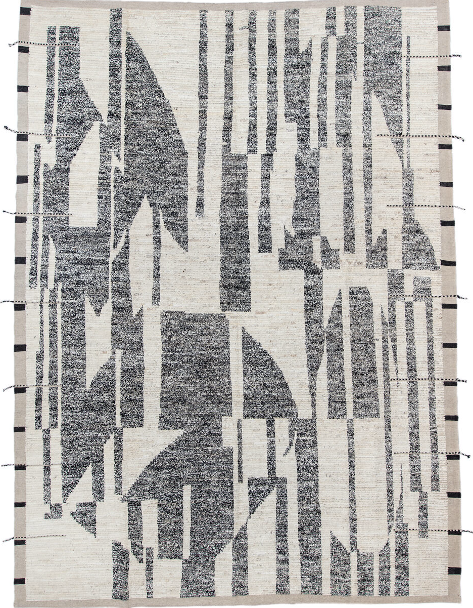 8' x 11' one-of-a-kind handmade vintage Tulu large size rug. Color palette: black, blue, charcoal, dark gray, dim gray