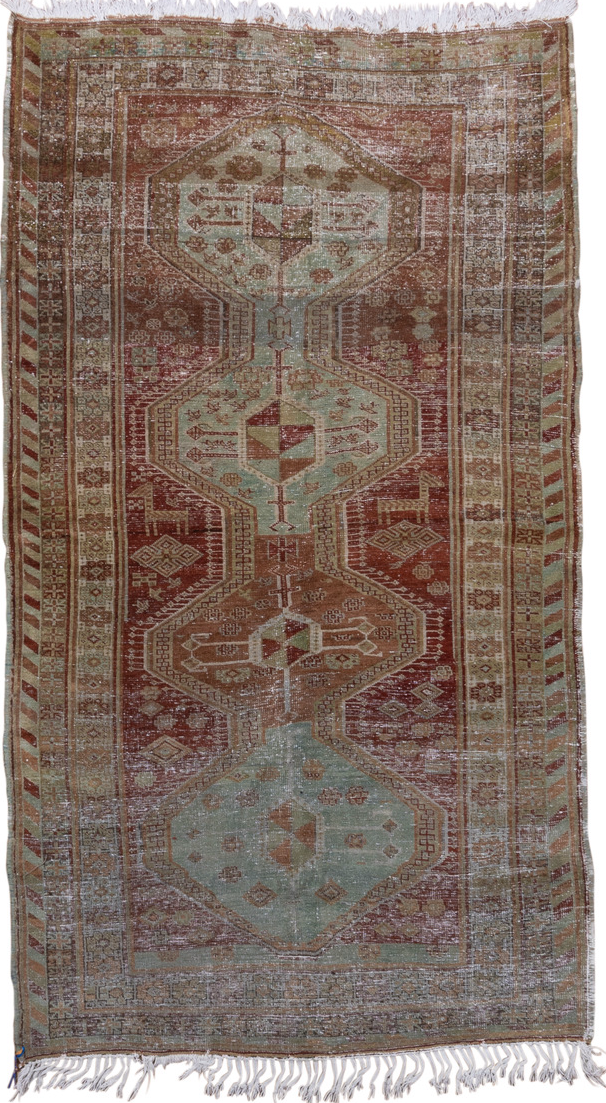 4' x 8' one-of-a-kind handmade vintage Trans Caucasian rug. Color palette: brown, dim gray, gray, light gray, off-white