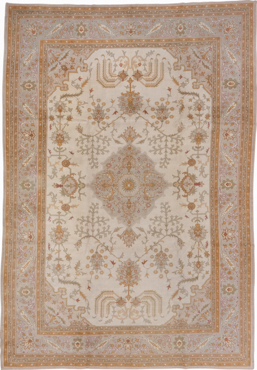 8' x 11' one-of-a-kind handmade vintage Oushak large size rug. Color palette: brown, gray, light gray, off-white, pink