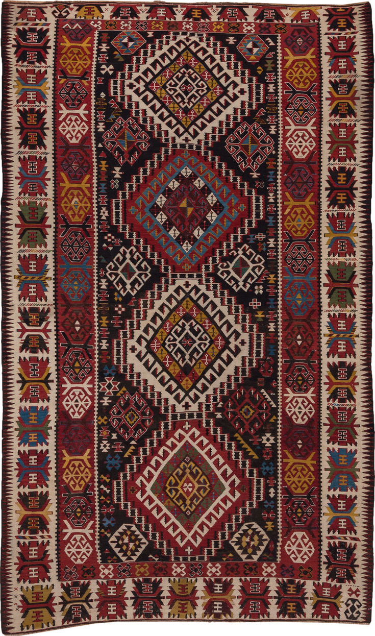 6' x 10' one-of-a-kind handmade vintage Kilim large size rug. Color palette: arapawa, blue, brown, gray, pink, red