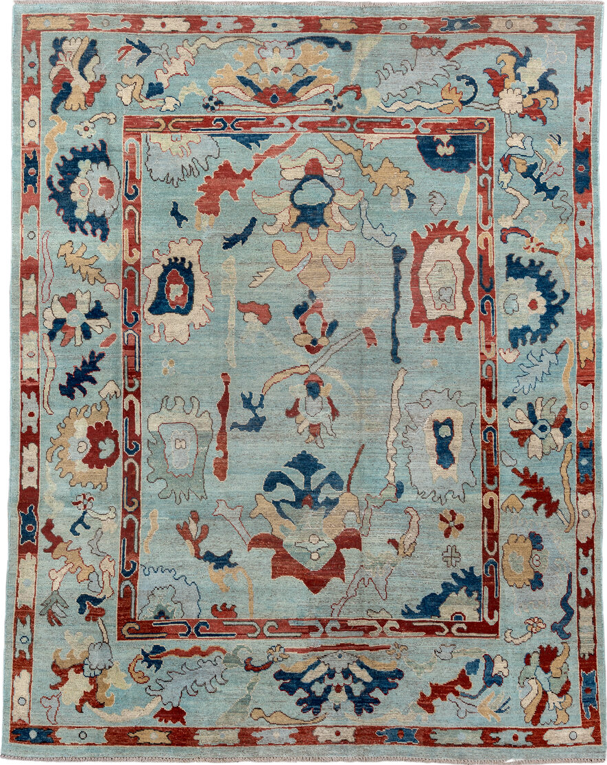 7' x 9' one-of-a-kind handmade vintage Oushak rug. Color palette: gray, blue, light gray, off-white, orange, brown, black