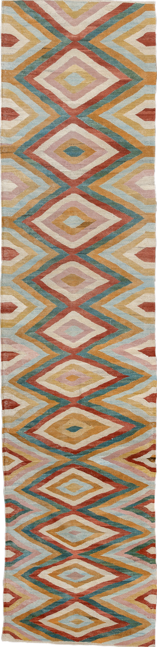 2' x 9' one-of-a-kind handmade vintage Kilim runner rug. Color palette: gray, brown, off-white, light gray, blue, pink