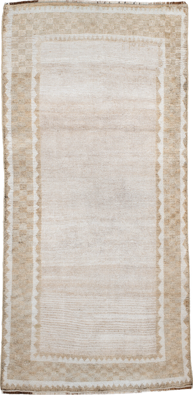 4' x 8' one-of-a-kind handmade vintage Gabbe runner rug. Color palette: brown, gainsboro, gray, light gray, off-white, pink