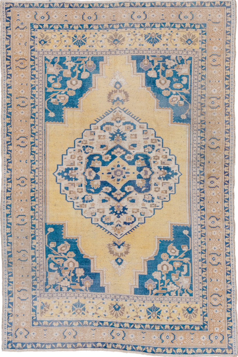 5' x 8' one-of-a-kind handmade vintage Oushak medium size rug. Color palette: blue, brown, gray, light gray, off-white