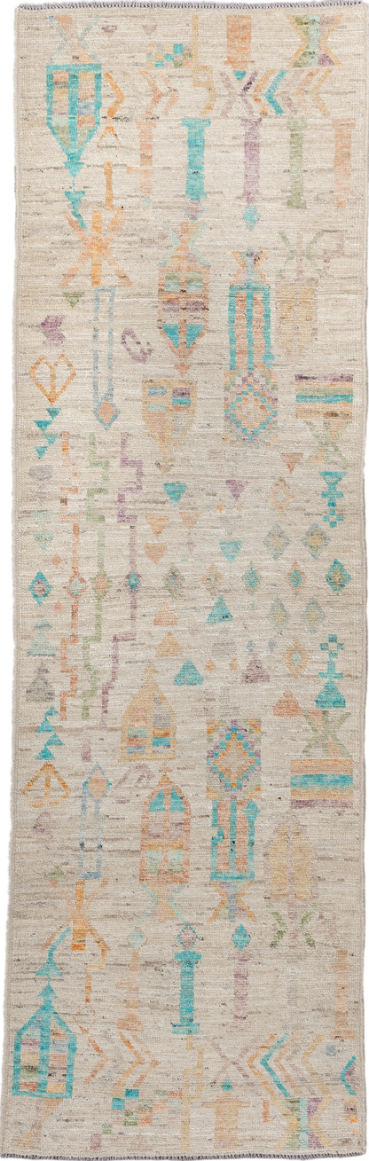 3' x 9' one-of-a-kind handmade vintage Kilim runner rug. Color palette: brown, pink, blue, orange, off-white, green, gray