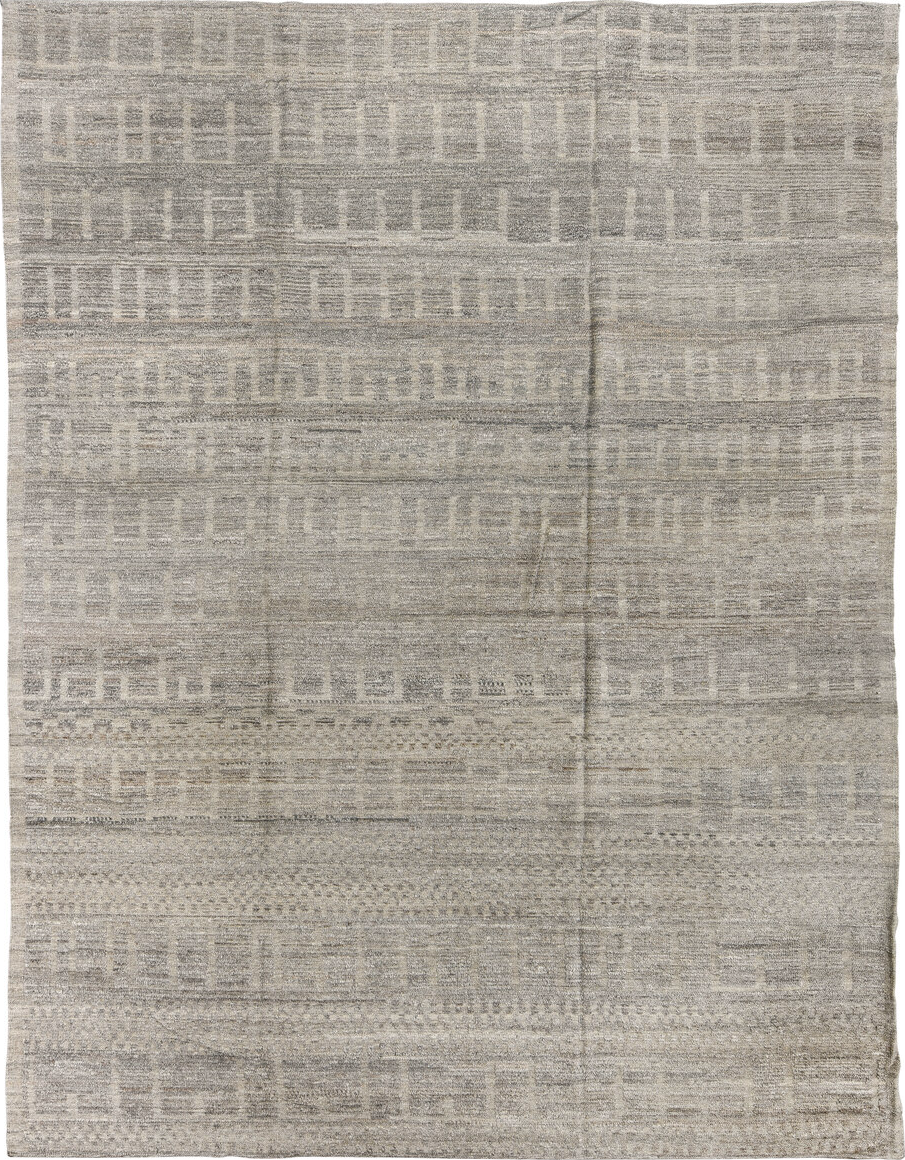 9' x 12' one-of-a-kind handmade vintage Tulu large size rug. Color palette: dark gray, gray, light gray, off-white, silver