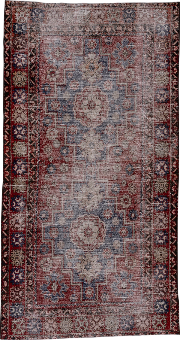 4' x 9' one-of-a-kind handmade vintage Oushak rug. Color palette: black, brown, charcoal, dim gray, gray, light gray