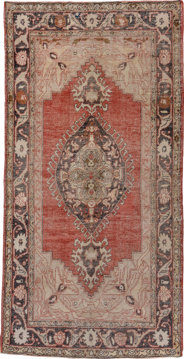 5' x 11' one-of-a-kind handmade vintage Oushak rug. Color palette: brown, gray, light gray, off-white, pink, red