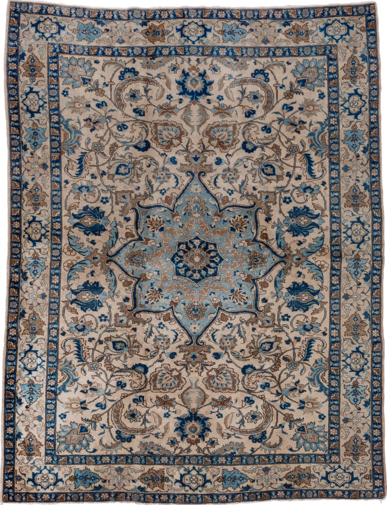 6' x 8' one-of-a-kind handmade vintage Tabriz medium size rug. Color palette: arapawa, blue, brown, dark gray, dim gray