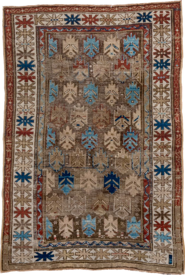 3' x 4' one-of-a-kind handmade vintage Caucasian small size rug. Color palette: blue, brown, gray, red