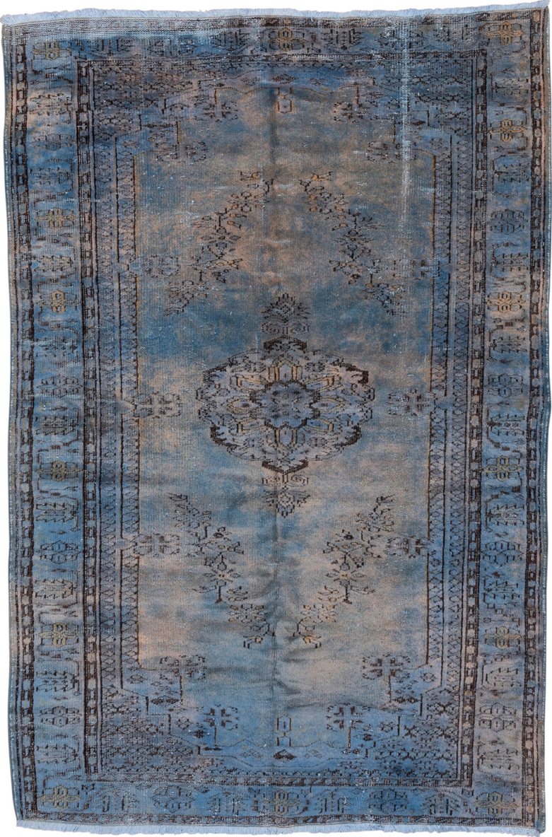 6' x 9' one-of-a-kind handmade vintage Overdyed medium size rug. Color palette: black, blue, charcoal, dark gray, dim gray