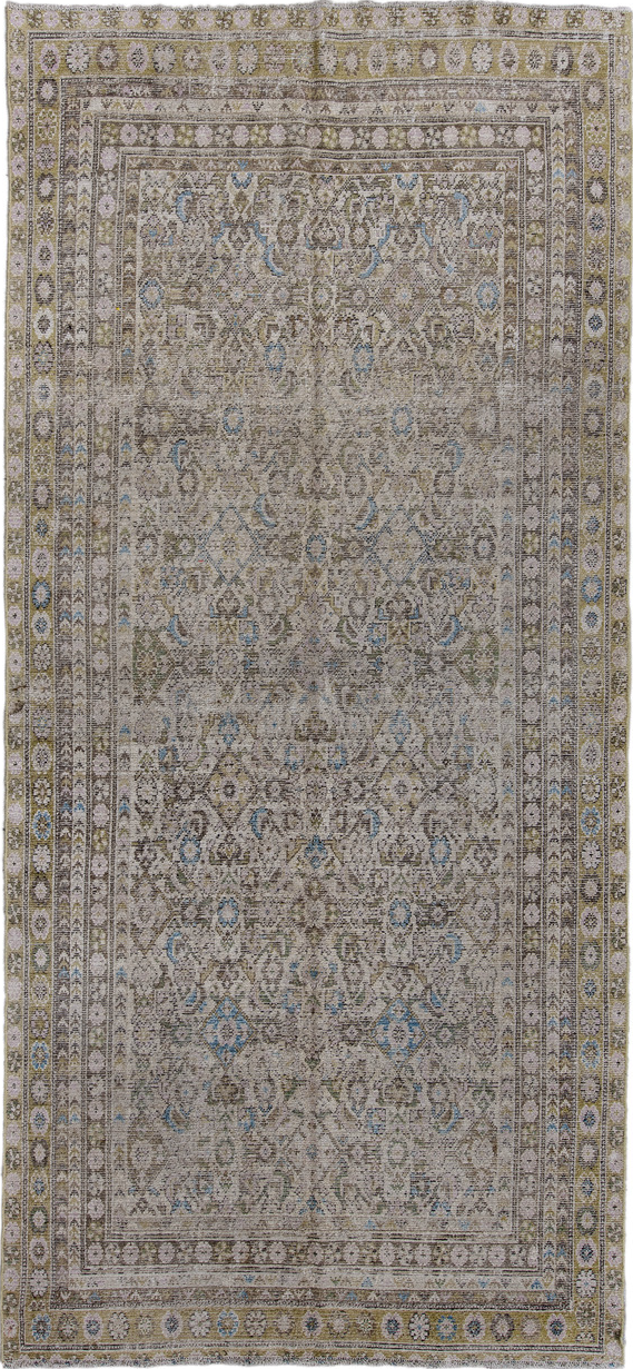 5' x 12' one-of-a-kind handmade vintage Malayer rug. Color palette: brown, gray, light gray, pink, red