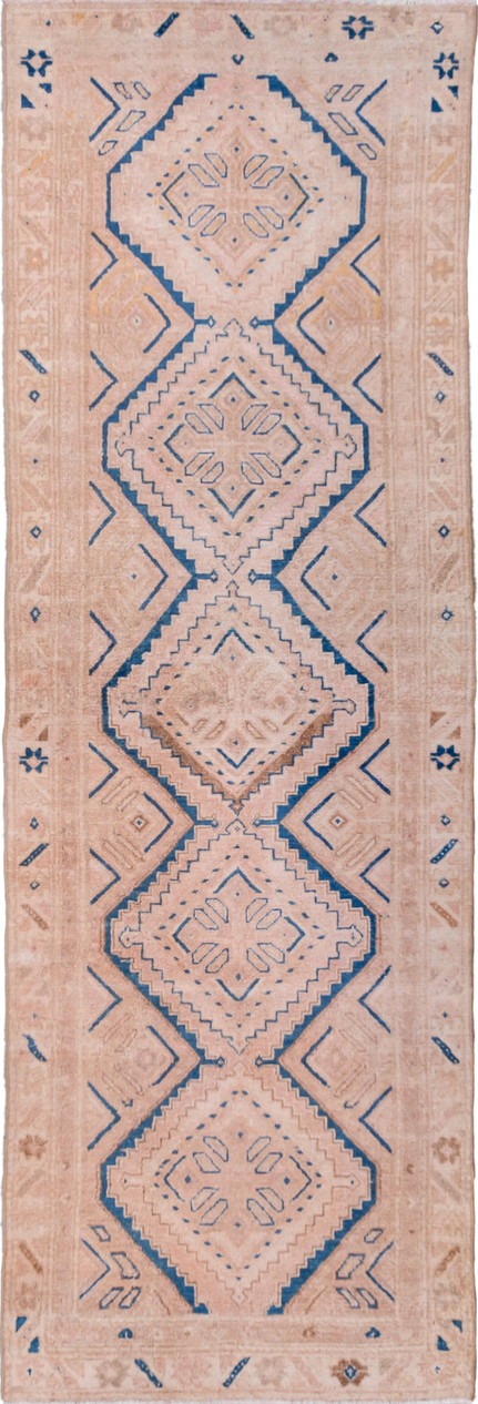 3' x 9' one-of-a-kind handmade vintage Hamadan runner rug. Color palette: blue, fiord, gray, light gray, off-white, orange