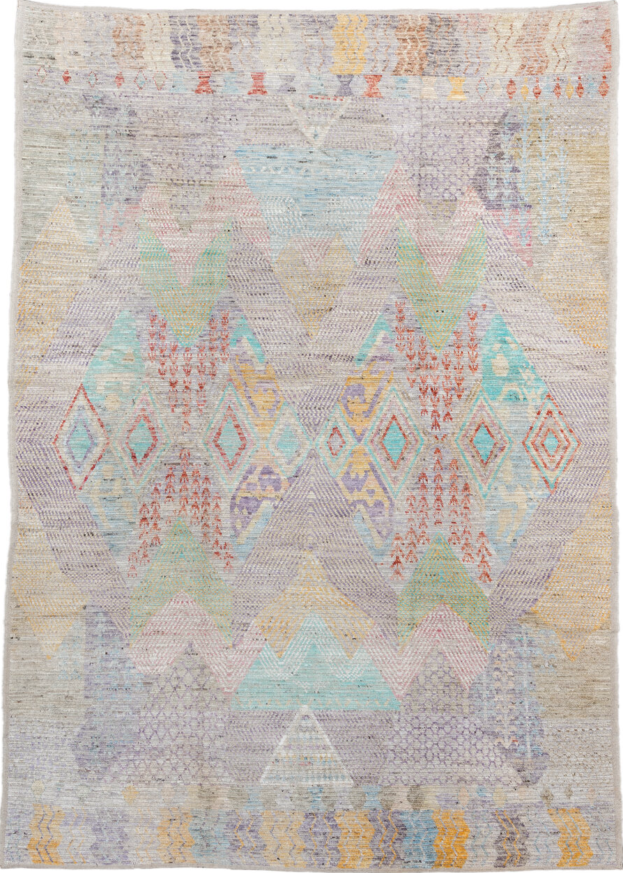 9' x 13' one-of-a-kind handmade vintage Tulu large size rug. Color palette: blue, brown, burlywood, dark gray, gainsboro
