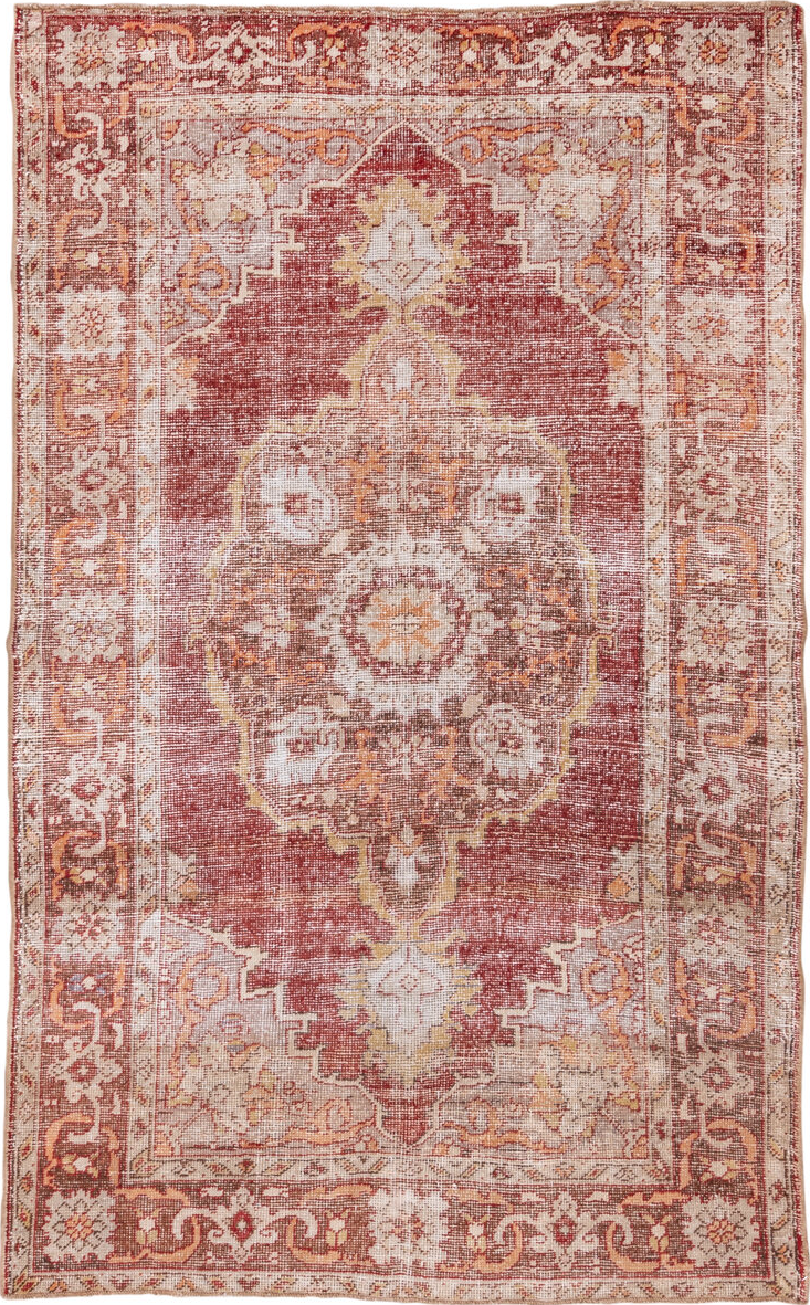 6' x 9' one-of-a-kind handmade vintage Oushak medium size rug. Color palette: brown, gray, lavender blush, light gray