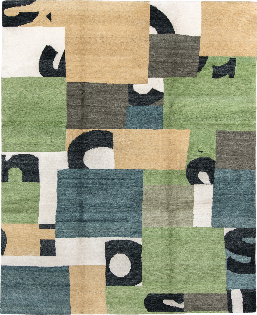 8' x 10' one-of-a-kind handmade vintage  large size rug. Color palette: brown, light gray, off-white, gray, blue, black