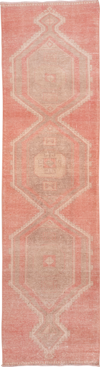 3' x 11' one-of-a-kind handmade vintage Oushak runner rug. Color palette: brown, off-white, orange, pink, snow, white
