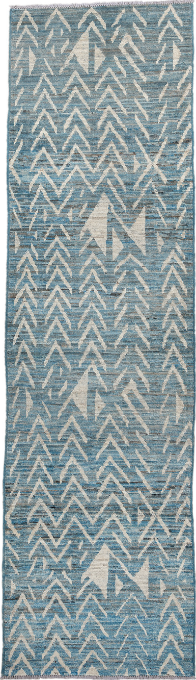 3' x 8' one-of-a-kind handmade vintage Tulu runner rug. Color palette: black, blue, charcoal, dark gray, dim gray, gainsboro