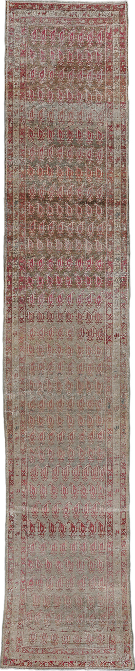 3' x 16' one-of-a-kind handmade vintage Malayer runner rug. Color palette: black, brown, charcoal, gray, light gray