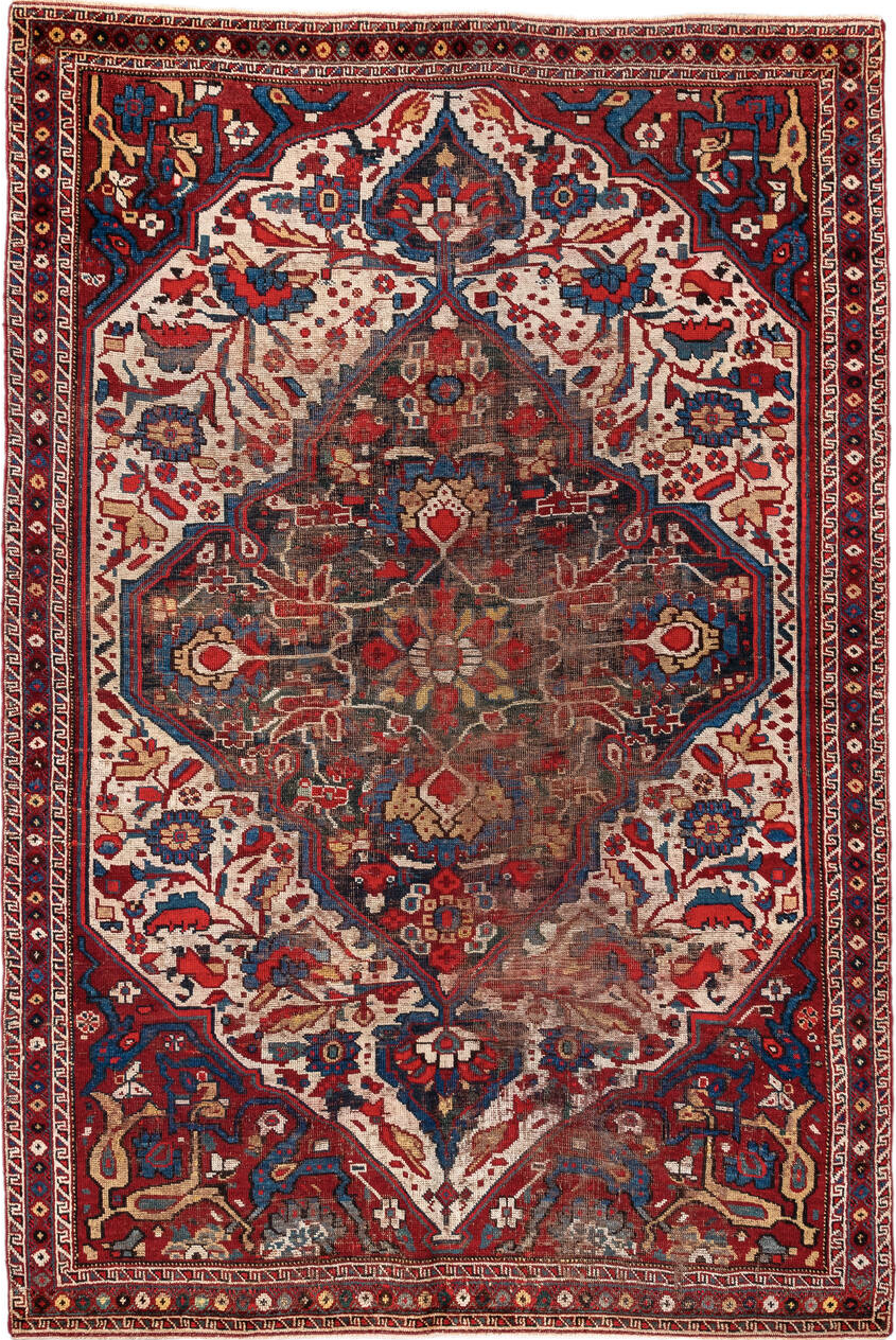 4' x 6' one-of-a-kind handmade vintage  small size rug. Color palette: antiquewhite, arapawa, blanched almond, blue, brown