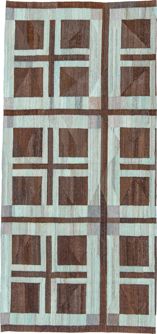 4' x 9' one-of-a-kind handmade vintage Kilim runner rug. Color palette: brown, dark gray, gainsboro, gray, light blue