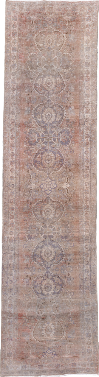 3' x 12' one-of-a-kind handmade vintage Sarab runner rug. Color palette: brown, gray, light gray, off-white, pink, snow