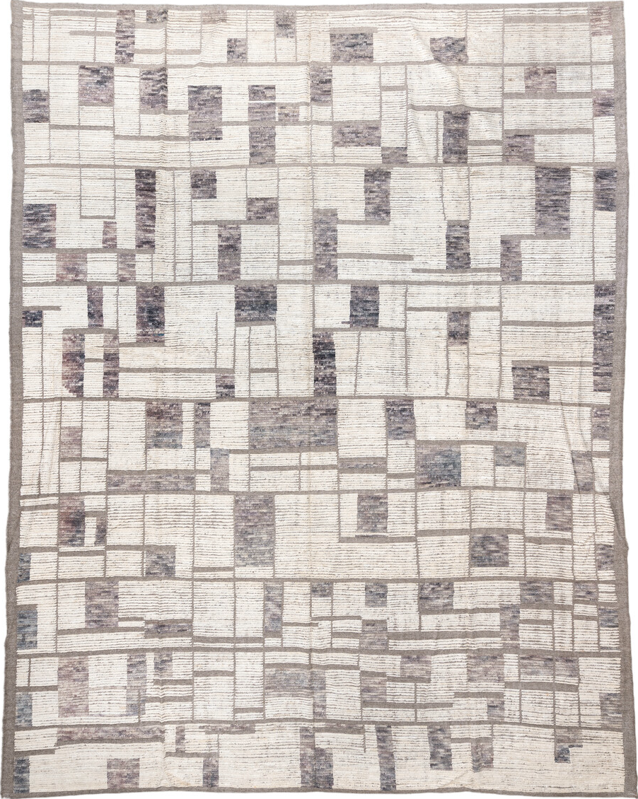 12' x 15' one-of-a-kind handmade vintage Tulu oversize rug. Color palette: blue, dark gray, dim gray, floral white