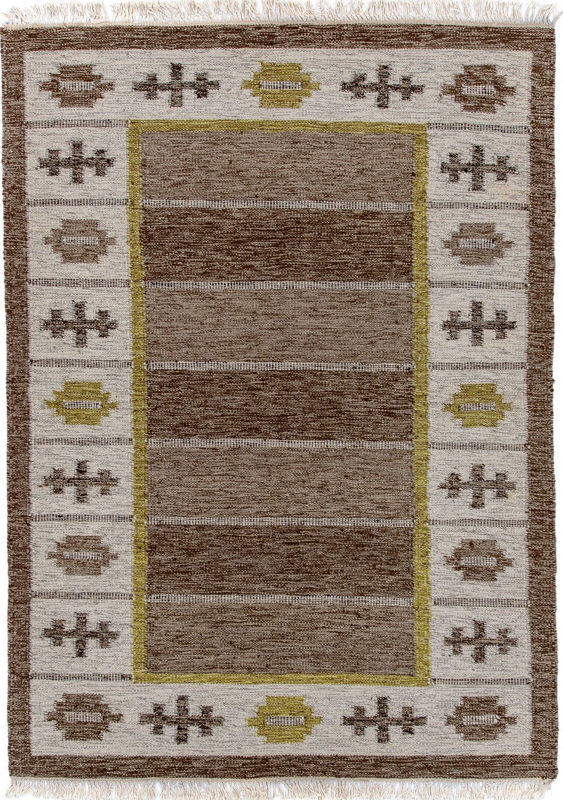 5' x 7' one-of-a-kind handmade vintage Rollaken rug. Color palette: black, brown, gainsboro, gray, light gray, off-white