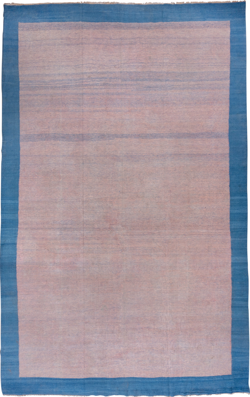 12' x 19' one-of-a-kind handmade vintage Dhurrie oversize rug. Color palette: blue, gray, light gray, off-white, pink