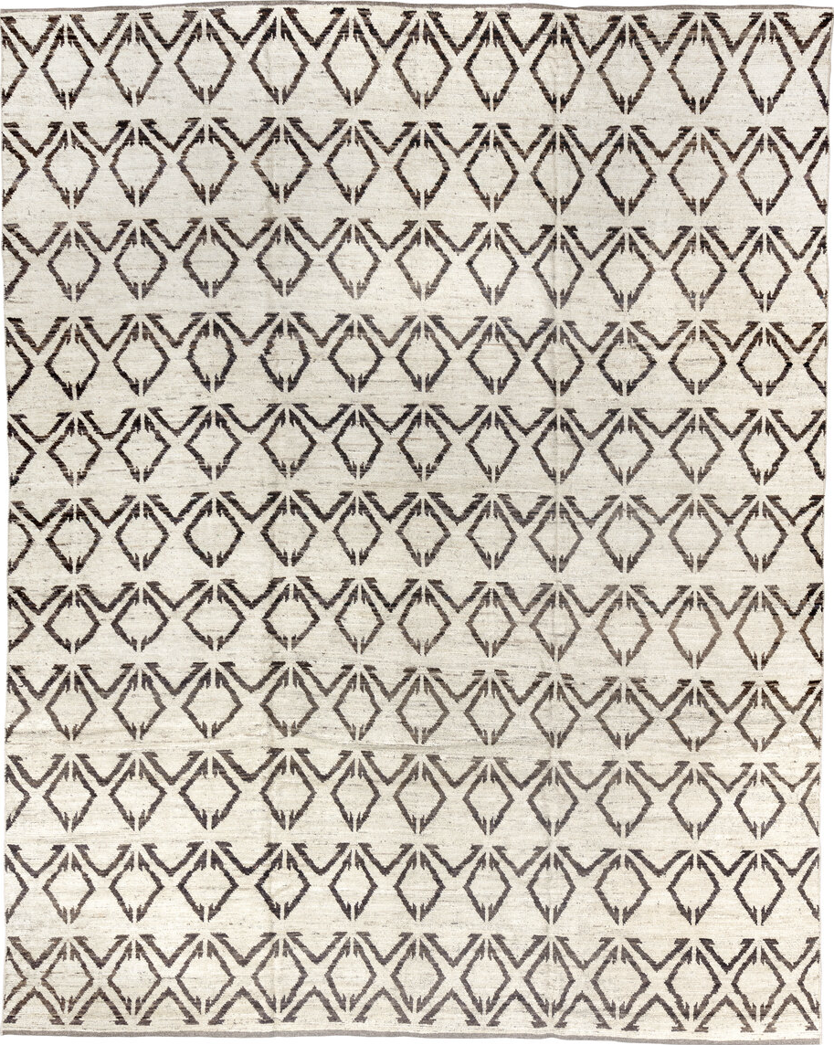 9' x 11' one-of-a-kind handmade vintage Tulu large size rug. Color palette: black, blue, gainsboro, gray, light gray, linen