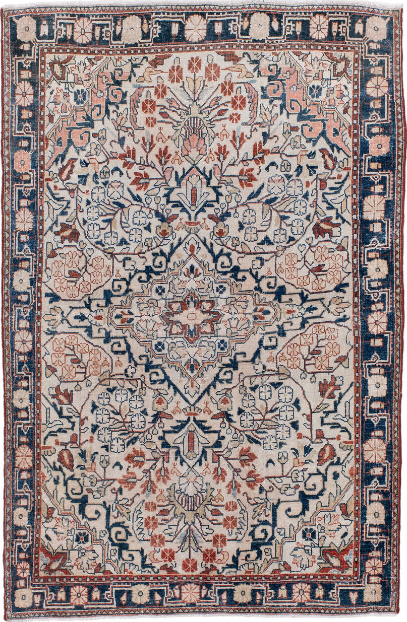 3' x 5' one-of-a-kind handmade vintage Sarouk small size rug. Color palette: arapawa, blue, brown, dark gray, fiord