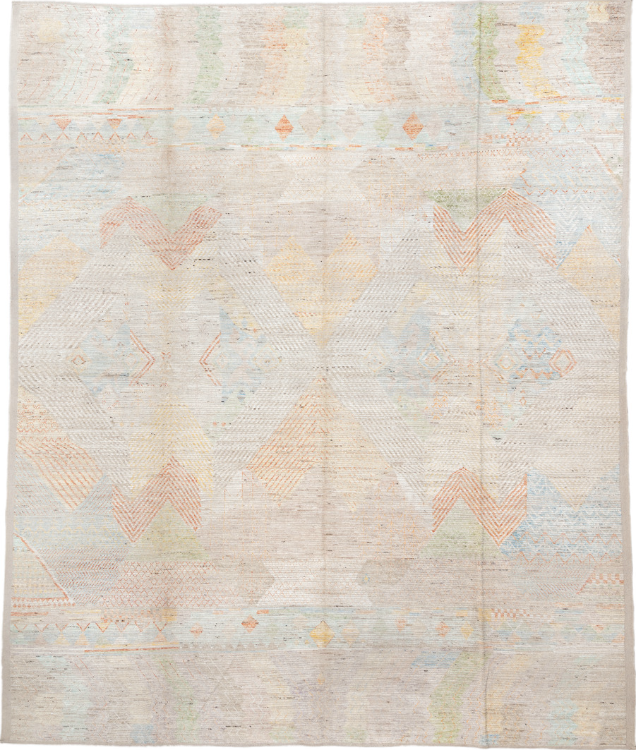 13' x 16' one-of-a-kind handmade vintage Tulu oversize rug. Color palette: antiquewhite, beige, brown, dark gray, gainsboro