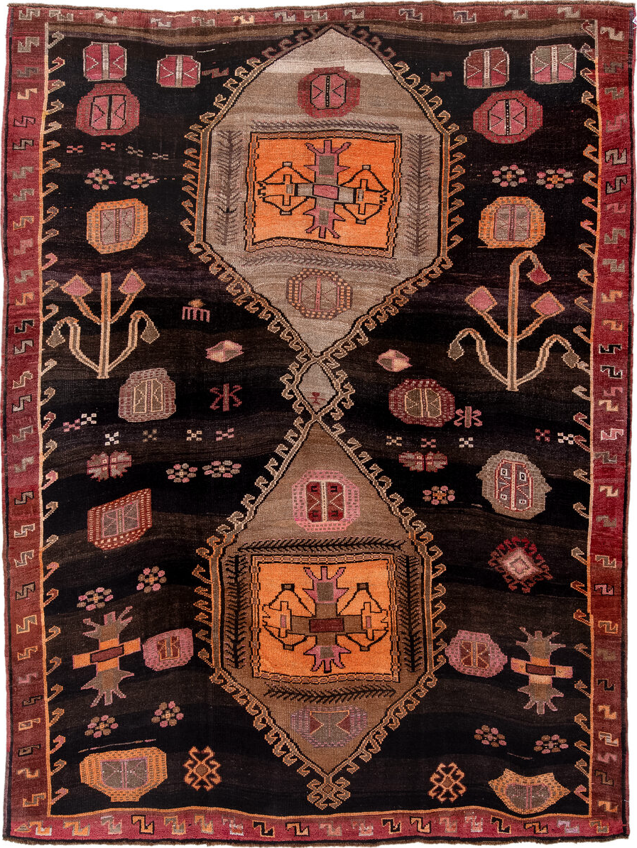 8' x 10' one-of-a-kind handmade vintage Kars large size rug. Color palette: black, brown, gray, off-white, orange, pink, red