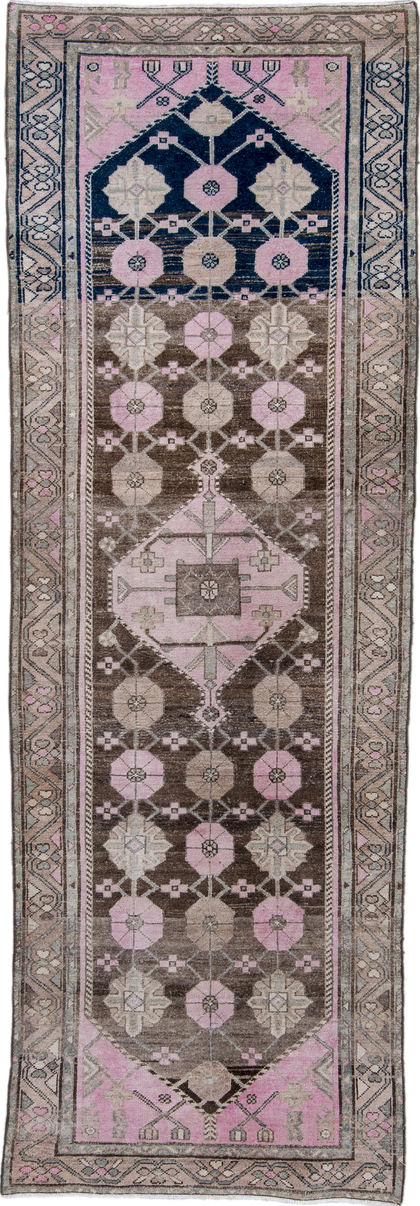 3' x 9' one-of-a-kind handmade vintage Hamadan runner rug. Color palette: blue, brown, dim gray, fiord, gray, light gray