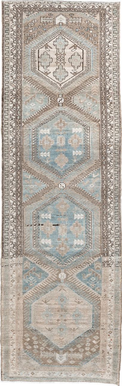 3' x 10' one-of-a-kind handmade vintage Malayer runner rug. Color palette: gray, off-white, light gray, pink, brown