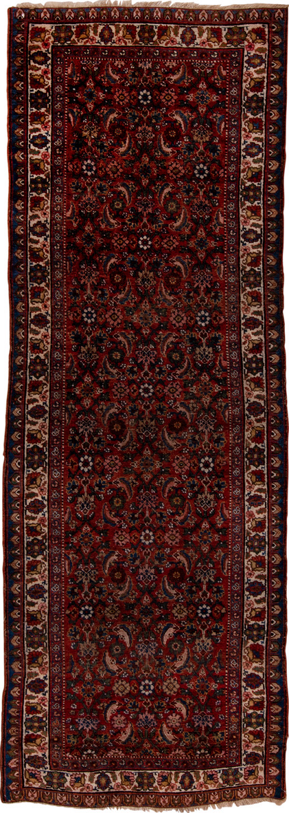 3' x 10' one-of-a-kind handmade vintage Bidjar runner rug. Color palette: black, brown, gray, pink