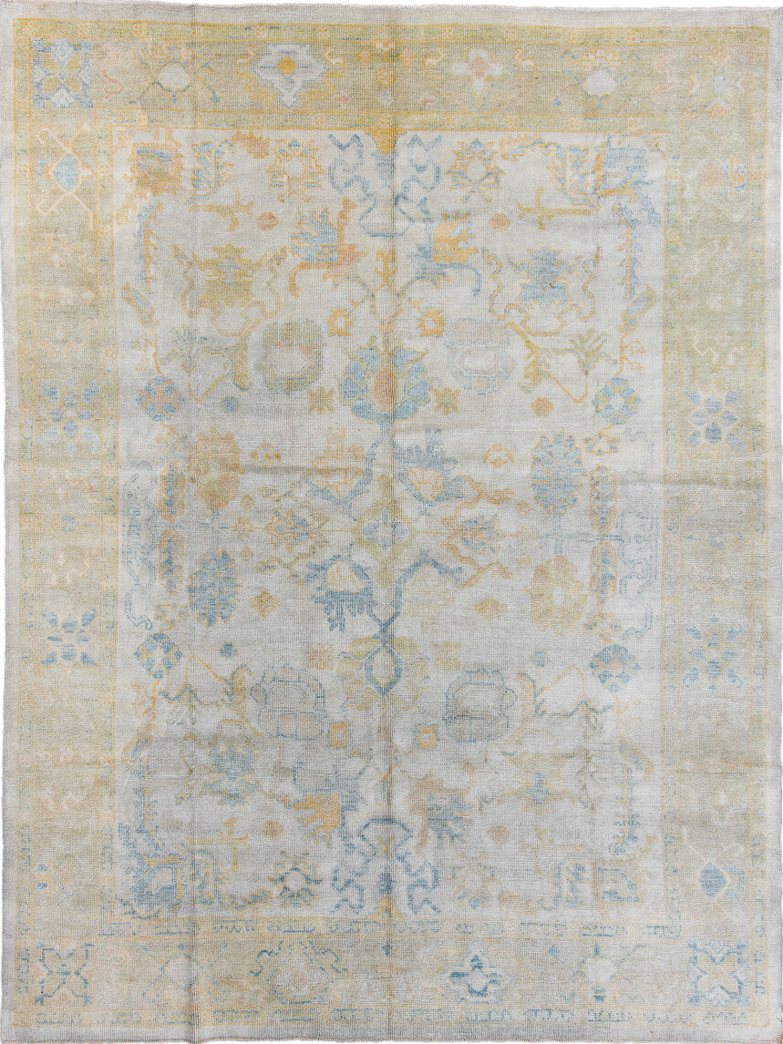 8' x 10' one-of-a-kind handmade vintage Oushak large size rug. Color palette: off-white, gray, brown, blue, light gray